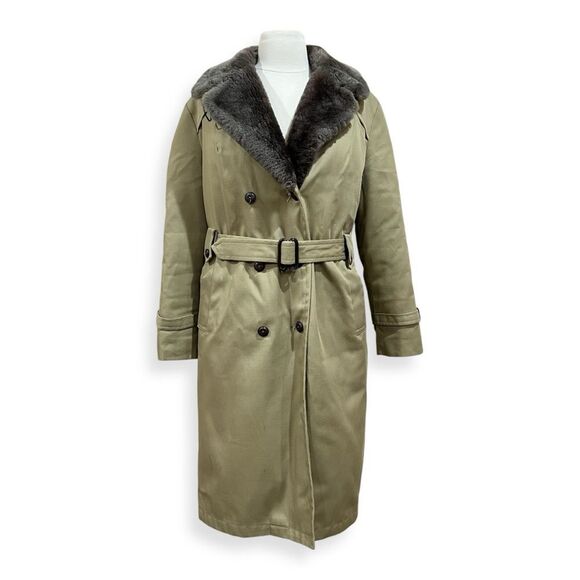 Eddie Bauer Khaki Goose Down Insulated Trench Coat with Faux Fur Size 12 - Picture 1 of 10